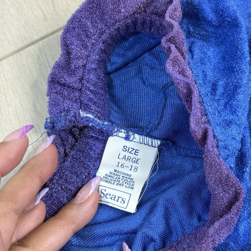 VTG Sears House Dress Women's L Blue Purple Tie Neck Made USA 80s Robe Nightgown - Picture 5 of 9